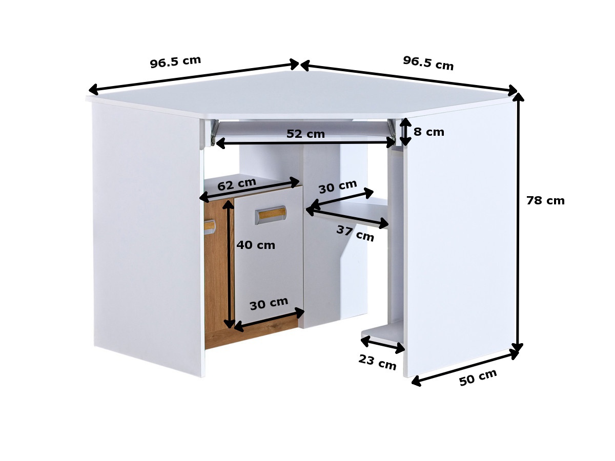Rohový pc stôl melisa - biela/dub nash.

 

Výrobným materiálom je kvalitné lamino v dekore dub nash a v čisto bielej farbe.

 

Rozmery rohového počítačového stola Melisa sú 96,5x78x96,5cm (š, v, h)

 

Všetok nábytok z kolekcie Melisa nájdete v súvisiacich produktoch nižšie.