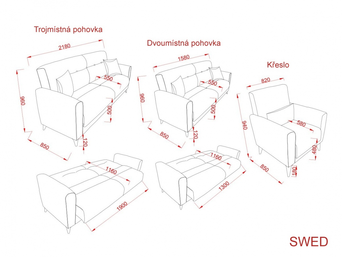 Sedacia súprava,rozkádacia s úložným priestorom swed - šedá.

 

Trojmiestna pohovka sa ľahko premení na lôžko s rozmermi 190x116cm, dvojmiestna pohovka na provizórne lôžko s rozmermi 130x116cm.

 

Sedacia súprava sa skladá z:


	Trojmiestna rozkladacia pohovka s úložným priestorom Swed - 218x96xcm85cm (š, v, h)
	Dvojmiestna rozkladacia pohovka s úložným priestorom Swed - 158x96x85cm (š, v, h)
	Kreslo Swed - 82x94x85cm (š, v, h)


 

Ďalšie kreslá, sedacie súpravy a pohovky nájdete nižšie v súvisiacich produktoch.

 

 

Farba na fotografii sa môže ľahko líšiť oproti reálnemu výrobku.