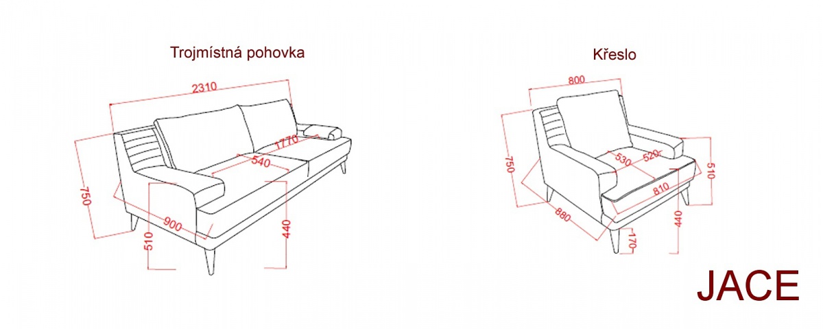 Malá sedacia súprava jace - šedá.

 

Kostra sedacej súpravy je vyrobená z vysoko kvalitného lamina a kovu, zatiaľ čo polstrovanie je tvorené z peny hustoty 28.

 

Malá sedacia súprava sa skladá z týchto prvkov:


	Dizajnové kreslo Jace - 80x75x88cm (š, v, h)
	Trojmiestna pohovka Jace - 231x75x90cm (š, v, h)


 

Všetky produkty z kolekcie Jace nájdete nižšie v súvisiacich produktoch.


Farba na fotografii sa môže ľahko líšiť oproti reálnemu výrobku. Príčinou môže byť zobrazovanie farieb monitora či rôzne nasvietenie výrobkov pri fotení.