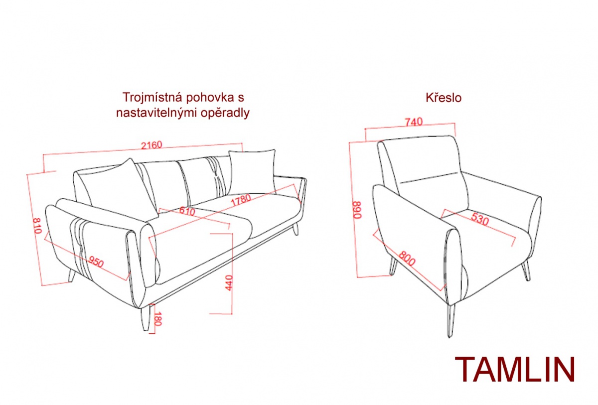Sedacia súprava tamlin - béžová/šedohnedá.

 

Kostra sedacej súpravy je vyrobená z vysoko kvalitného lamina a kovu, zatiaľ čo polstrovanie je tvorené z peny hustoty 28.

 

Sedacia súprava sa skladá z týchto prvkov:


	Trojmiestna pohovka s nastaviteľnými operadlami Tamlin - 216x81x95cm (š, v, h)
	Kreslo Tamlin - 74x89x80cm (š, v, h)


 

Všetky produkty z kolekcie Tamlin nájdete nižšie v súvisiacich produktoch.


Farba na fotografii sa môže ľahko líšiť oproti reálnemu výrobku. Príčinou môže byť zobrazovanie farieb monitora či rôzne nasvietenie výrobkov pri fotení.