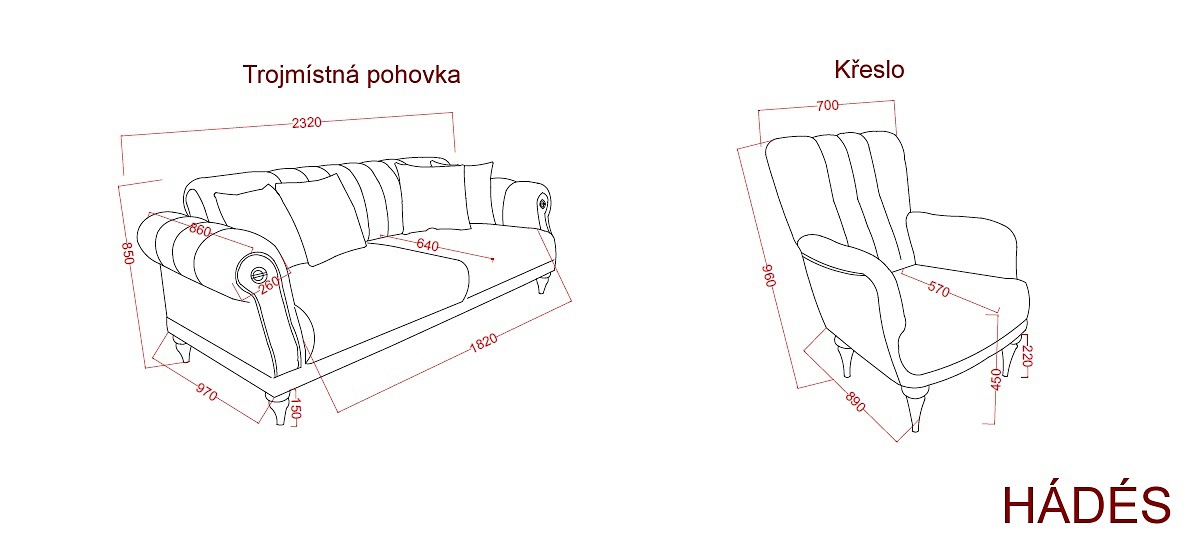 Malá sedacia súprava hádés - béžová/čierna.

 

Kostra sedacej súpravy je vyrobená z vysoko kvalitného lamina a kovu, zatiaľ čo polstrovanie je tvorené z peny hustoty 28.

 

Malá sedacia súprava sa skladá z týchto prvkov:


	Trojmiestna pohovka Hádés - 232x85x97cm (š, v, h)
	Kreslo Hádés - 70x96x89cm (š, v, h)


 

Všetky produkty z kolekcie Hádés nájdete nižšie v súvisiacich produktoch.


Farba na fotografii sa môže ľahko líšiť oproti reálnemu výrobku. Príčinou môže byť zobrazovanie farieb monitora či rôzne nasvietenie výrobkov pri fotení.