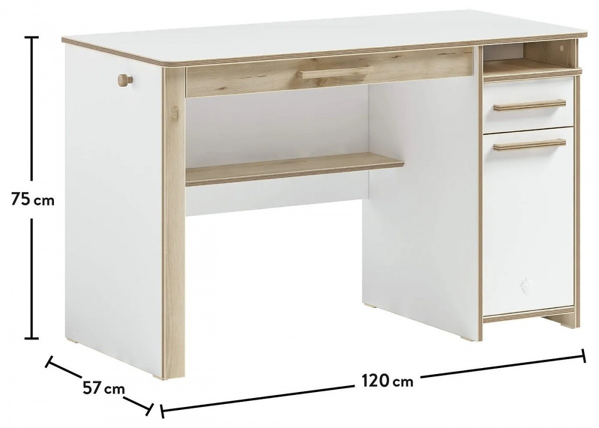 Písací stôl dylan - biela/dub svetlý.

 

Jemný nadčasový dizajn sa hodí ako do dievčenského, tak do chlapčenského izby.

 

Rozmery písacieho stola Dylan sú 120x75x57cm (š, v, h).

 

Všetok nábytok patriaci do kolekcie Dylan nájdete nižšie v súvisiacich produktoch.