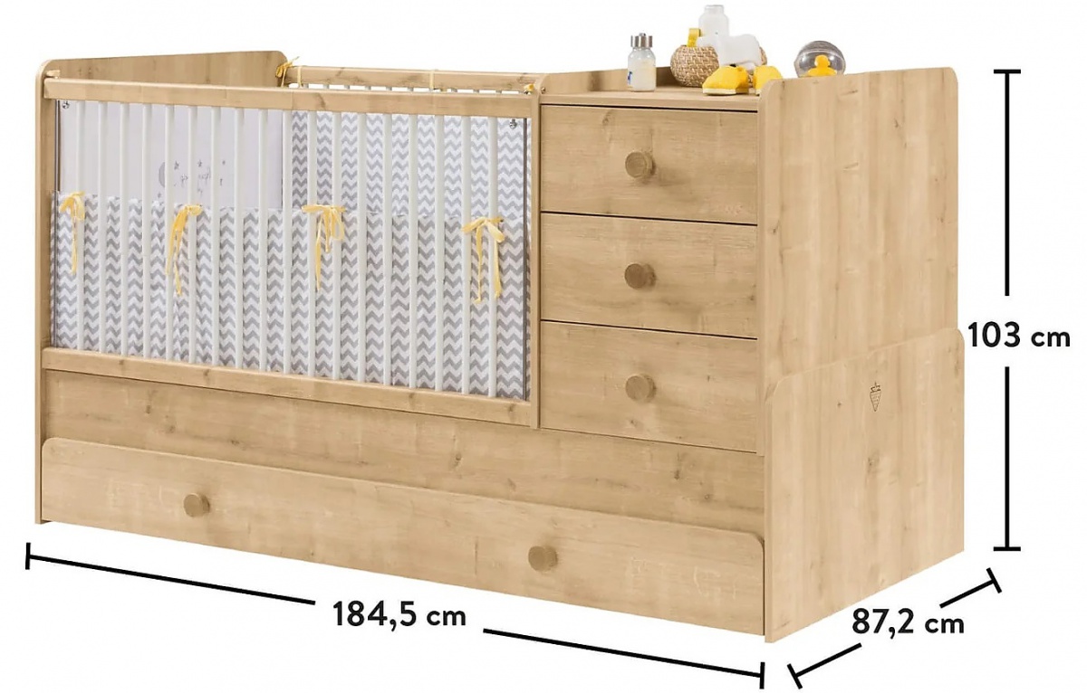 Rastúca postieľka s prebaľovacím pultom a zásuvkou cody - dub svetlý.

 

Vo verzii detskej postieľky je súčasťou zásuvka, prebaľovací pult a pohyblivá bočnice (teleskopické priečky, ktoré sa pri manipulácii zasúvajú do seba).

 

Súčasťou postieľky je rošt, nie matrac.

 

Všetok nábytok patriaci do kolekcie Cody nájdete nižšie v súvisiacich produktoch.