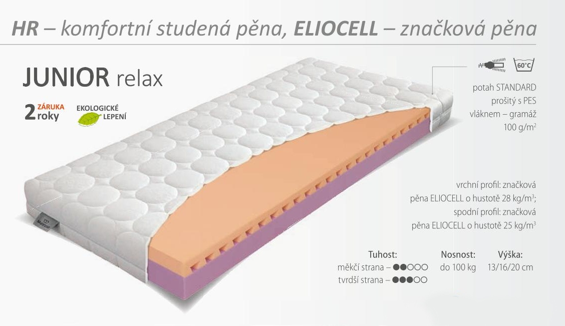 Matrac junior relax 16 - penový - výber rozmeru.

vrchný profil: značková pena ELIOCELL s hustotou 28 kg/m3;

spodný profil: značková pena ELIOCELL s hustotou 25 kg/m3;

Dve strany tuhosti: T2 - mäkká a T3 - stredná tvrdosť

 

Pena ELIOCELL
Jej zloženie zaručuje dobré kopírovacie vlastnosti a pevnosť.
KOMFORTNÁ PENA je nový vývojový stupeň vychádzajúci z ELIOCELL pien, ktorý pri zachovaní dlhej životnosti poskytuje o poznanie vyšší stupeň komfortu.

 

Poťah Standard - poťah štandard prešitý s PES vláknom, ktorý je možné prať na 60 °C.
Poťah je prešitý s PES vláknom - gramáž 100 g/m2

 

Pri výbere matraca zakliknite požadovaný rozmer.

 

U matracov širších 160cm, a tiež matracov všetkých atypických rozmerov, sme nútení požadovať od zákazníka zálohu vo výške 20% z ceny. O výške zálohy Vás budeme kontaktovať e-mailom po uskutočnení objednávky maximálne do dvoch pracovných dní.