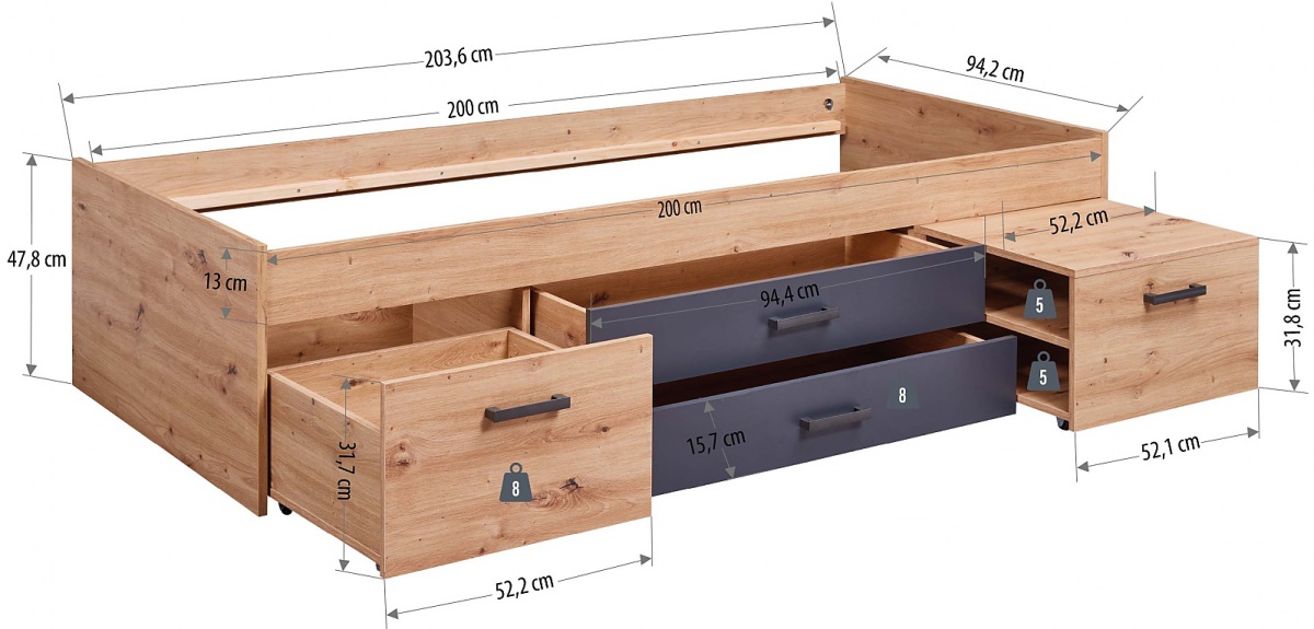 Študentská posteľ 90x200cm s výsuvným nočným stolíkom a úložným.

 

Rozmery študentskej postele 90x200cm s výsuvným nočným stolíkom a úložným priestorom Skye sú 94,2x48,3x203,6cm (š, v, h).

 

Všetky produkty z kolekcie Skye nájdete nižšie v súvisiacich produktoch.