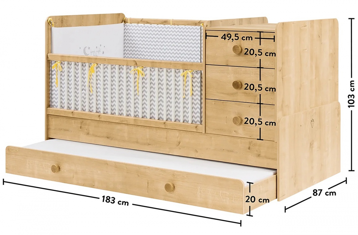 Rastúca postieľka s prebaľovacím pultom a zásuvkou cody - dub svetlý.

 

Vo verzii detskej postieľky je súčasťou zásuvka, prebaľovací pult a pohyblivá bočnice (teleskopické priečky, ktoré sa pri manipulácii zasúvajú do seba).

 

Súčasťou postieľky je rošt, nie matrac.

 

Všetok nábytok patriaci do kolekcie Cody nájdete nižšie v súvisiacich produktoch.